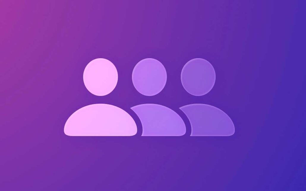 Three abstract user icons in pink on a purple gradient background, forming a small group.