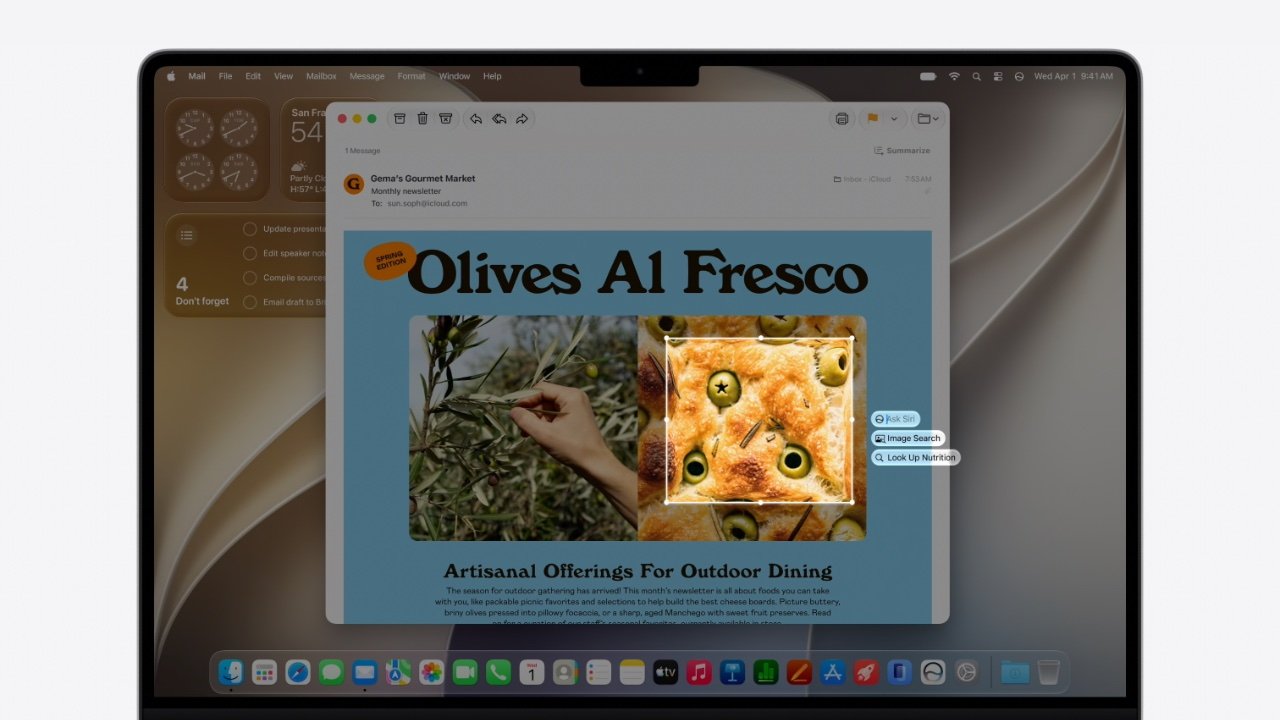 MacBook screen displaying an email newsletter titled 'Olives A1 Fresco' on a blue layout with two food photos.