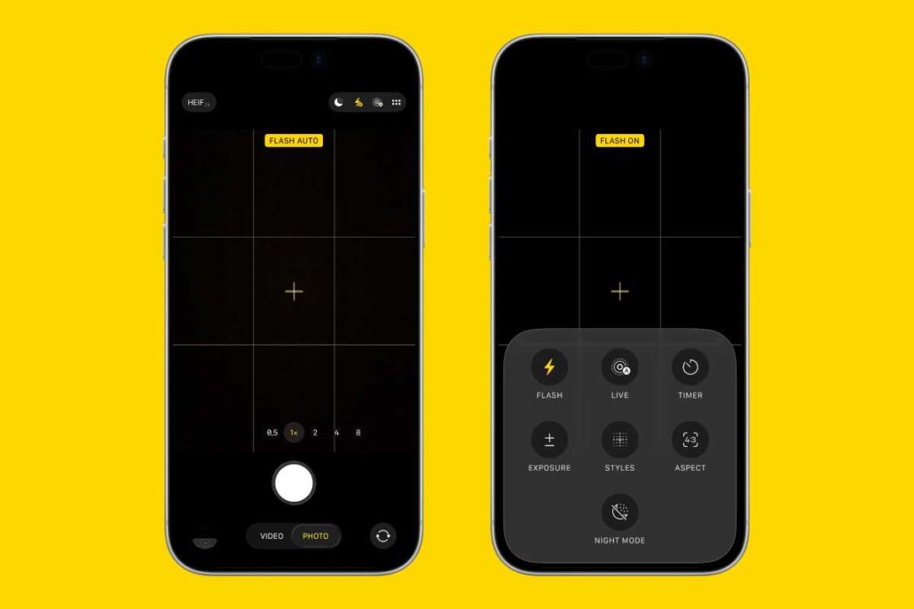 Two iPhone screens side by side showing the camera app in dark UI with grid lines and a yellow 'FLASH AUTO' tag (left).