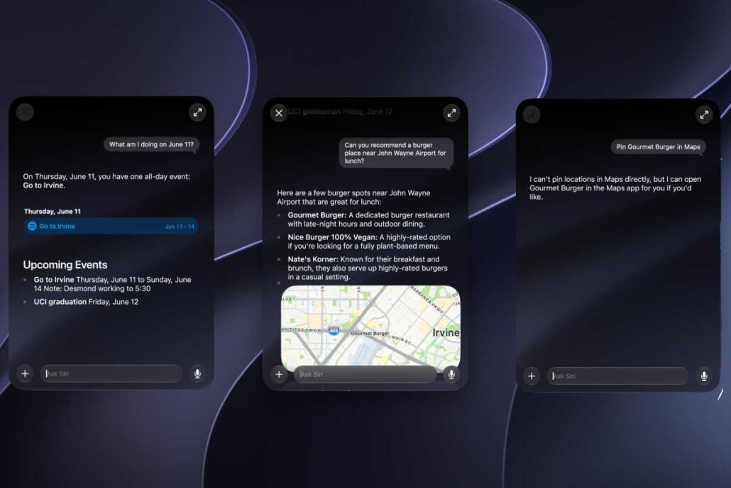 Three dark chat-style screens over a moody abstract background: left panel lists Irvine events and dates, middle panel recommends burger spots near John Wayne Airport with a small map image, right panel suggests pinning Gourmet Burger in Maps and notes how it can be opened in Maps.
