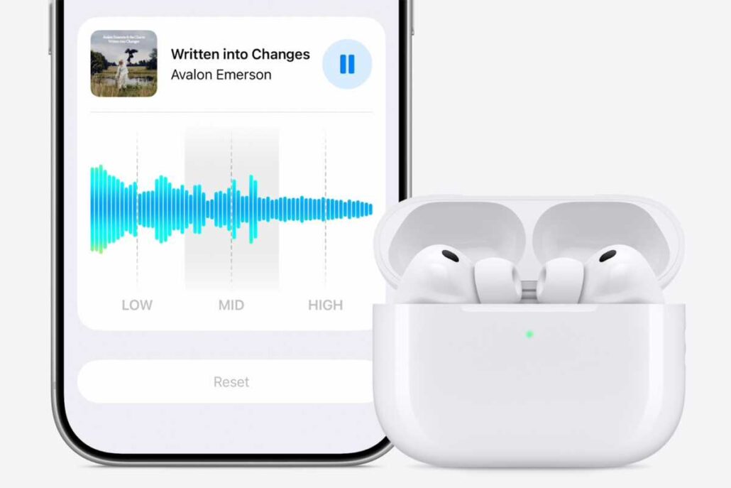 iPhone screen showing a music app with a blue waveform and a play area beside a white wireless earbud case nearby.