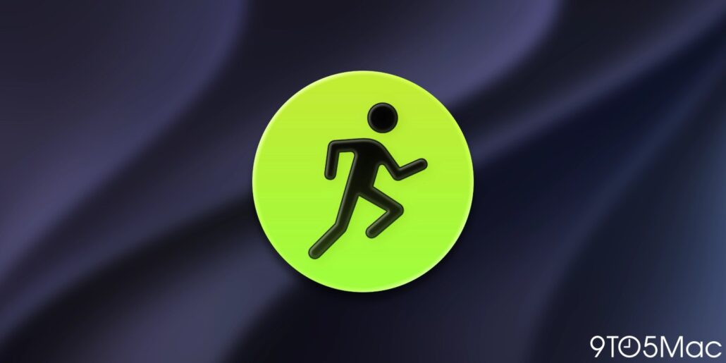 Bright lime green circular badge with a black running figure, set against a dark, wavy background.