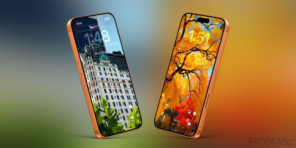 iOS 27 lets you create your own iPhone wallpapers - Dans Tutorials - Dans Tutorials Two orange smartphones angled toward each other, one with a city/building wallpaper and the other with autumn leaves against a warm gradient background, watermark bottom-right