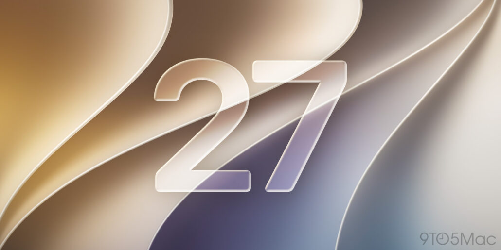 Large translucent number 27 over a soft caramel-to-navy abstract gradient background (wallpaper) with 9to5Mac watermark in the corner.