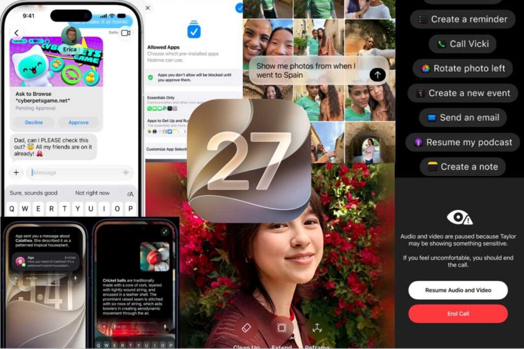 Collage of iPhone screenshots and app icons, showing messages, photos, reminders, and a large center 27 icon.