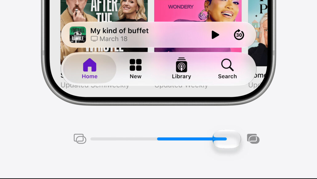 Bottom navigation bar with Home, New, Library, and Search actions in a rounded gradient pill over a collage background