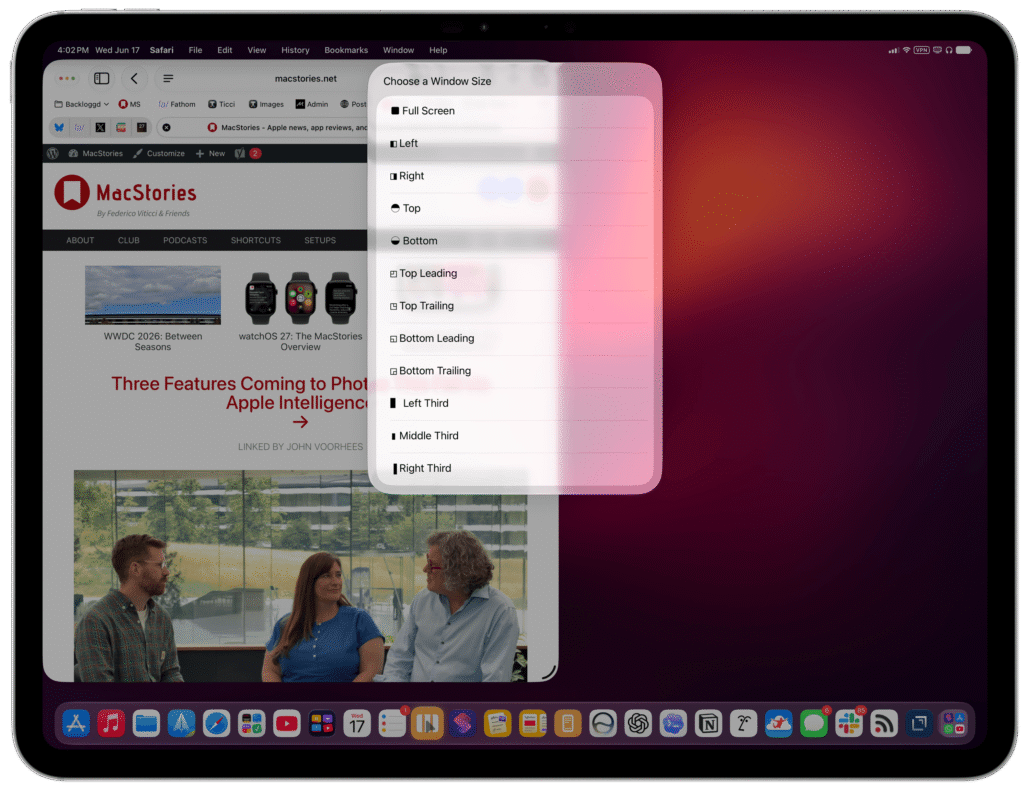 Screenshot of a MacStories article page with a pink window-size chooser overlay on top of the browser view.