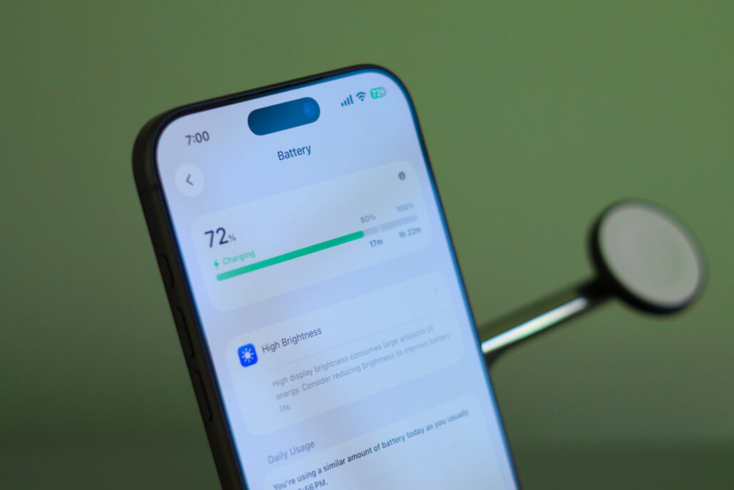 Close-up of a smartphone displaying the Battery settings screen, showing charging status and battery level at 72%.