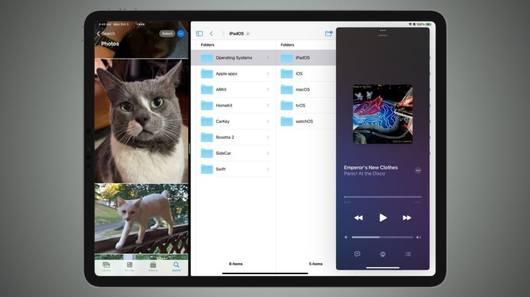iPhone Folds wide screen means iPads Split View is a necessity - Dans Tutorials - Dans Tutorials iPad split-screen: Photos app with cat photos on the left, Files app folders in the center, and a music player on the right.
