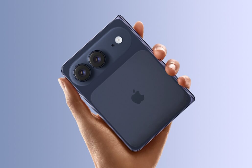 Close-up of a dark blue iPhone held in a hand, showcasing the triple-camera system on the back.