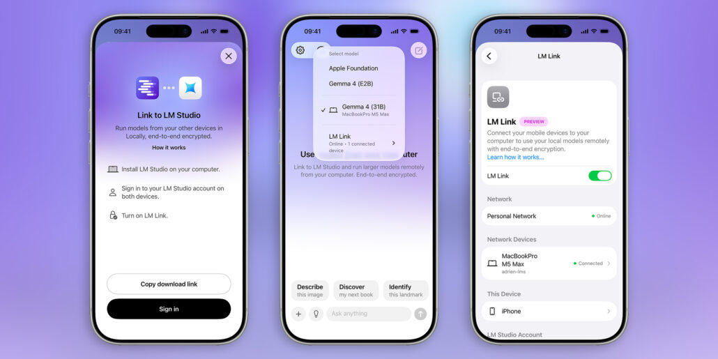 Three iPhone screens illustrate the LM Studio onboarding flow on a purple gradient background: install, select model, and LM Link toggle screens.