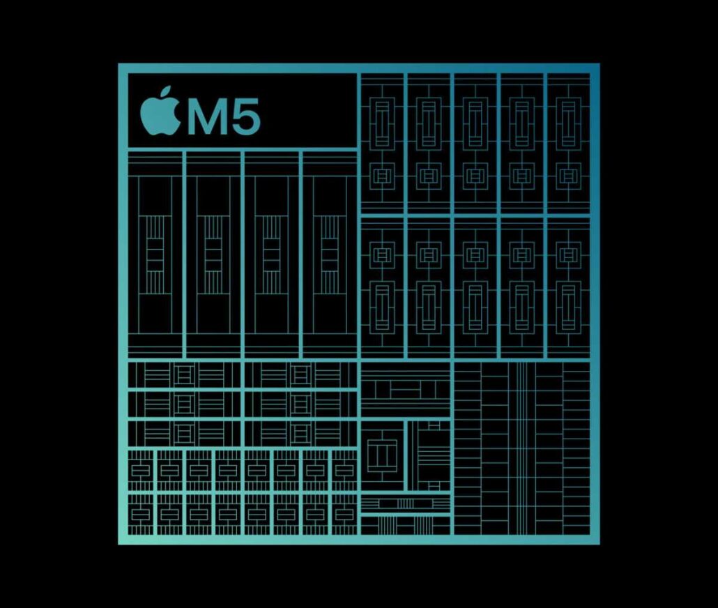 Mac Studio M5 2026 Release date rumors and the impact of RAM shortages - Dans Tutorials - Dans Tutorials Teal line-drawing of an Apple M5 processor die layout with the Apple logo and 'M5' text on a black background, showing grid-like circuitry patterns.