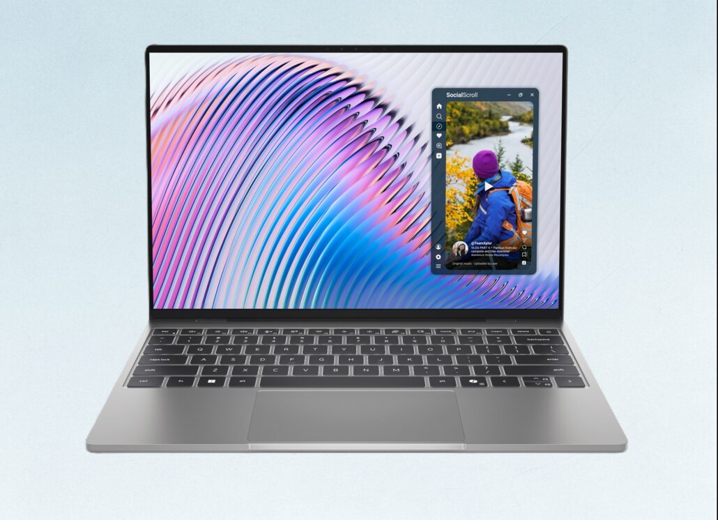 Laptop with a bright, wavy-color display and a floating app window on the screen, set against a pale blue background.
