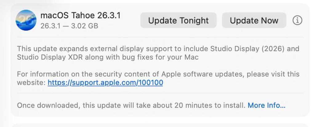 MacOS update dialog for Tahoe 26.3.1 with Update Tonight and Update Now buttons and a support link