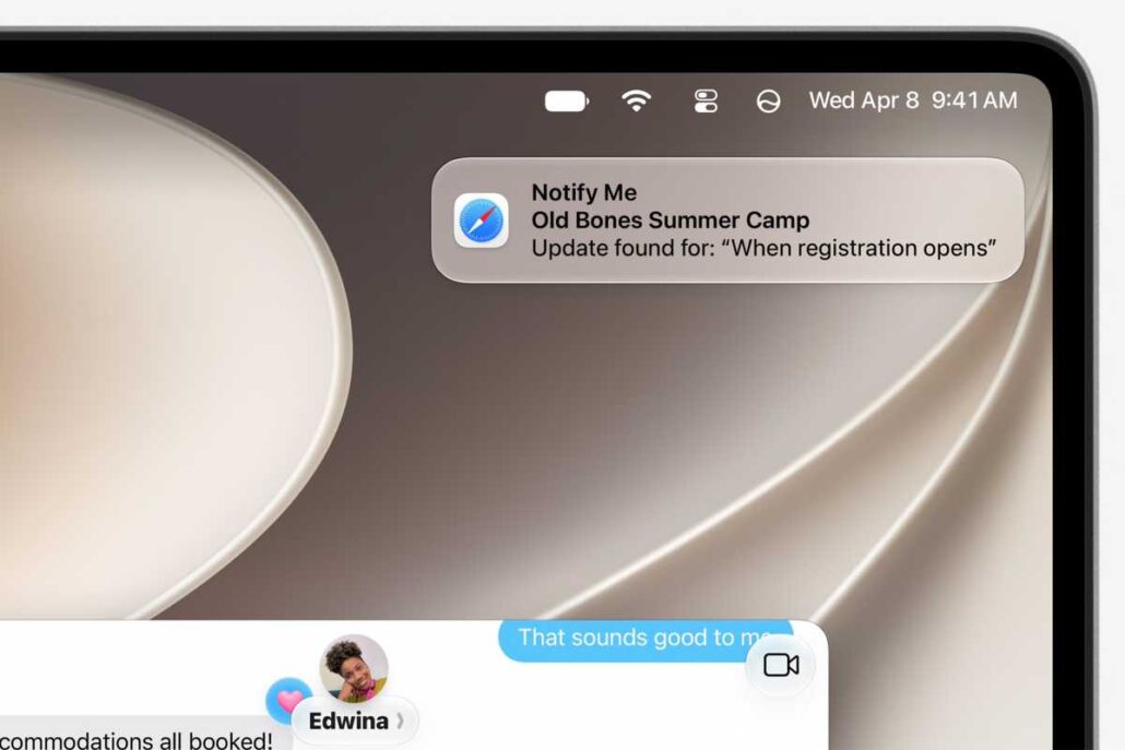 Screenshot on a device showing a Safari notification about 'Notify Me: Old Bones Summer Camp' and a chat bubble reading 'That sounds good to me' from Edwina.