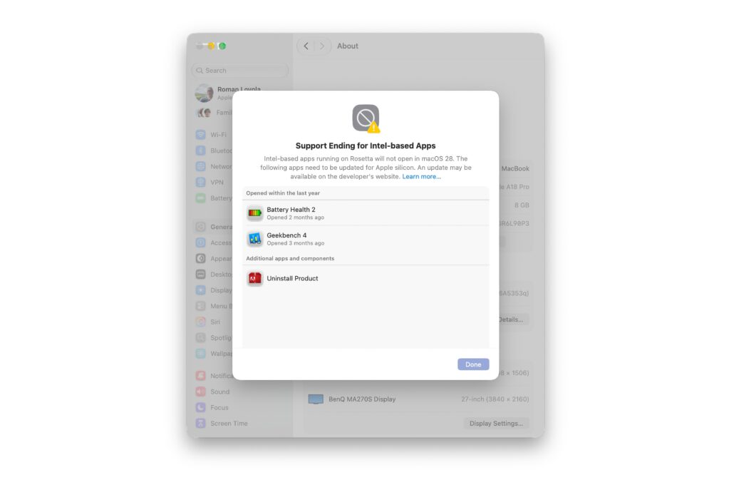 macOS 27 warning Your Intel apps are nearly dead - Dans Tutorials - Dans Tutorials macOS dialog titled 'Support Ending for Intel-based Apps' listing affected apps like Battery Health 2 and Geekbench 4