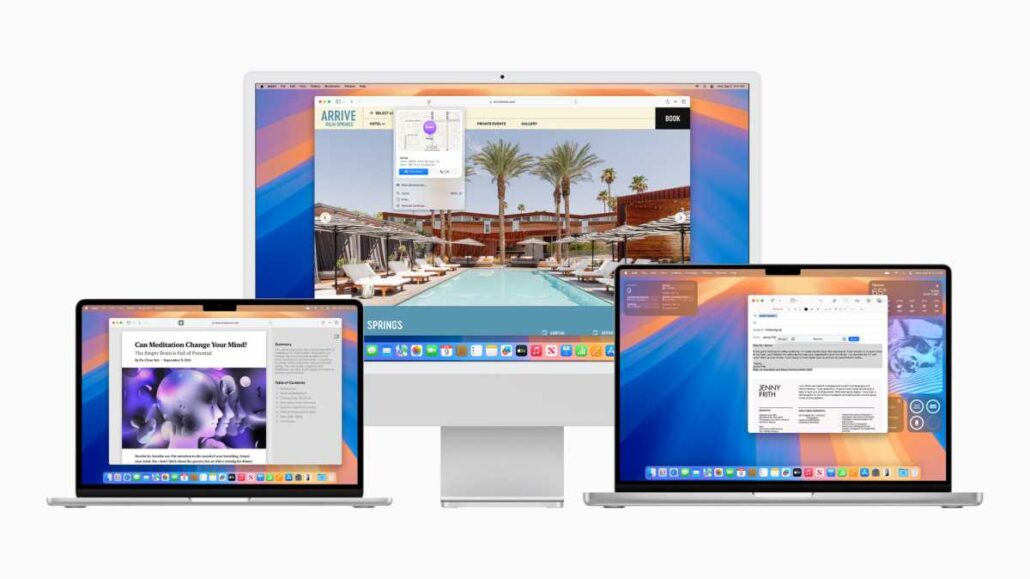 Group of Apple laptops and a desktop displaying a travel booking site across screens to show cross-device compatibility and responsiveness.