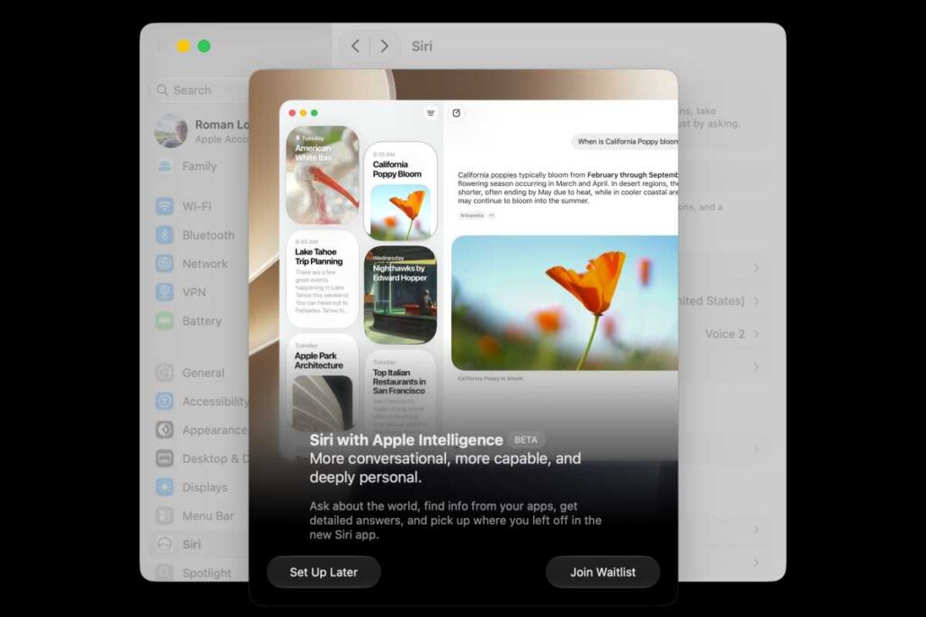 Siri with Apple Intelligence promo modal over a blurred macOS settings window, showing two buttons: Set Up Later and Join Waitlist.