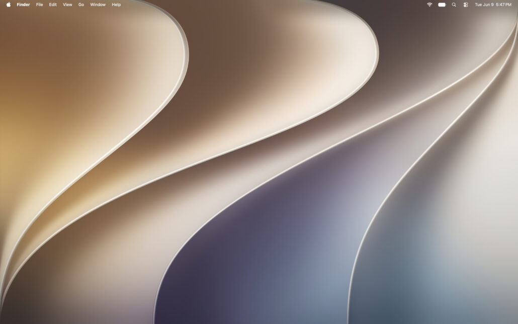 Abstract close-up of cream, beige, and lavender curved ribbons forming soft wave patterns across a gradient background on a desktop.