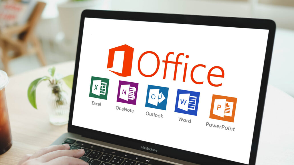 Laptop screen displaying the Microsoft Office logo and colorful app icons (Excel, OneNote, Outlook, Word, PowerPoint).