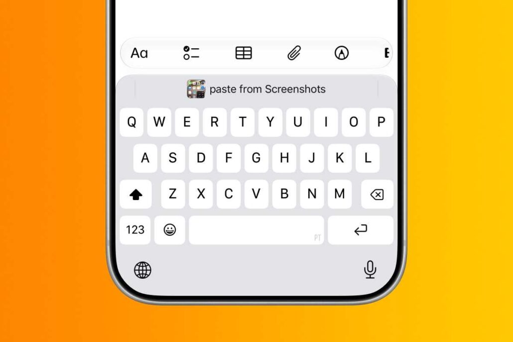 Close-up of an iPhone on-screen keyboard with a 'paste from Screenshots' suggestion above the keys.