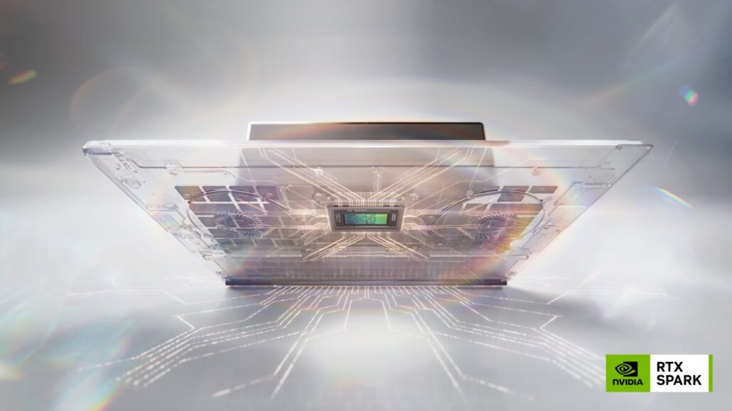 Transparent laptop with glowing circuit traces and the Nvidia RTX Spark logo in the bottom-right corner.