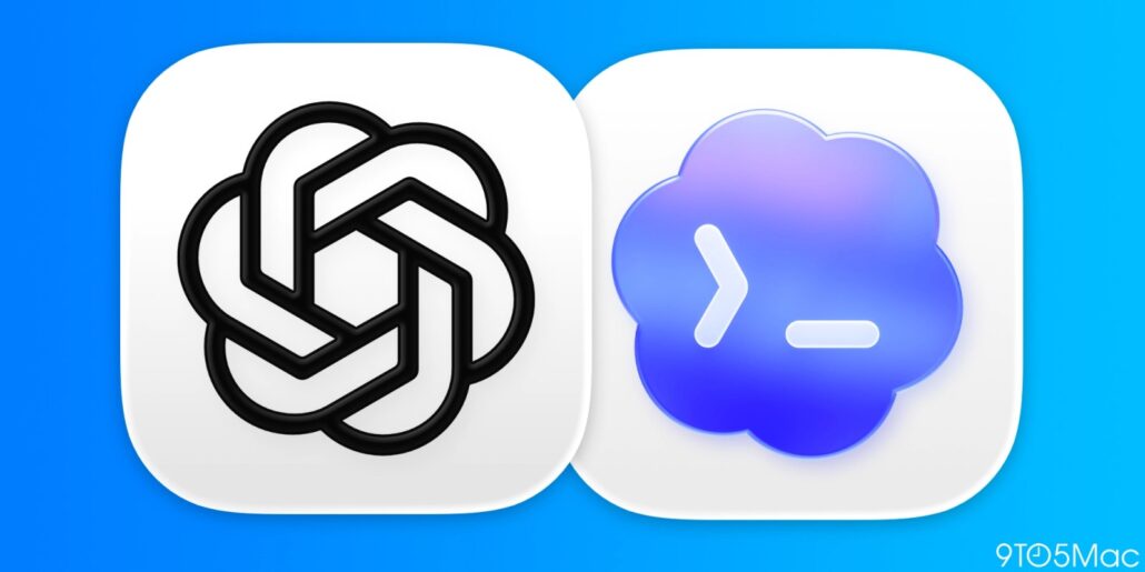 OpenAI putting Codex inside ChatGPT app everywhere releasing 6 business plugins - Dans Tutorials - Dans Tutorials Two app icons on a blue gradient background: a black interlocking knot on a white square, and a blue cloud with a white chevron and dash.