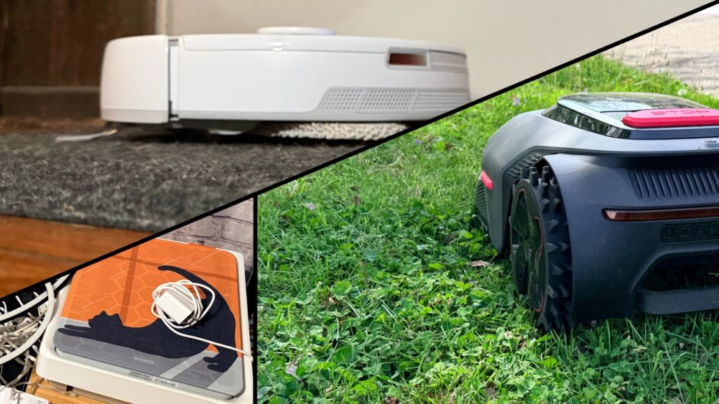 Collaged image showing three devices: a white robotic vacuum on a floor, a notebook with tangled cords in a hobby area, and a black robotic lawn mower on green grass.