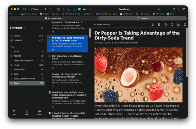 RSS journeys Consider the news-reading squirrel - Dans Tutorials - Dans Tutorials Dark-mode three-column inbox/news app: left folder list, middle article list, right reading pane showing 'Dr Pepper Is Taking Advantage of the Dirty-Soda Trend' with a fruit image.