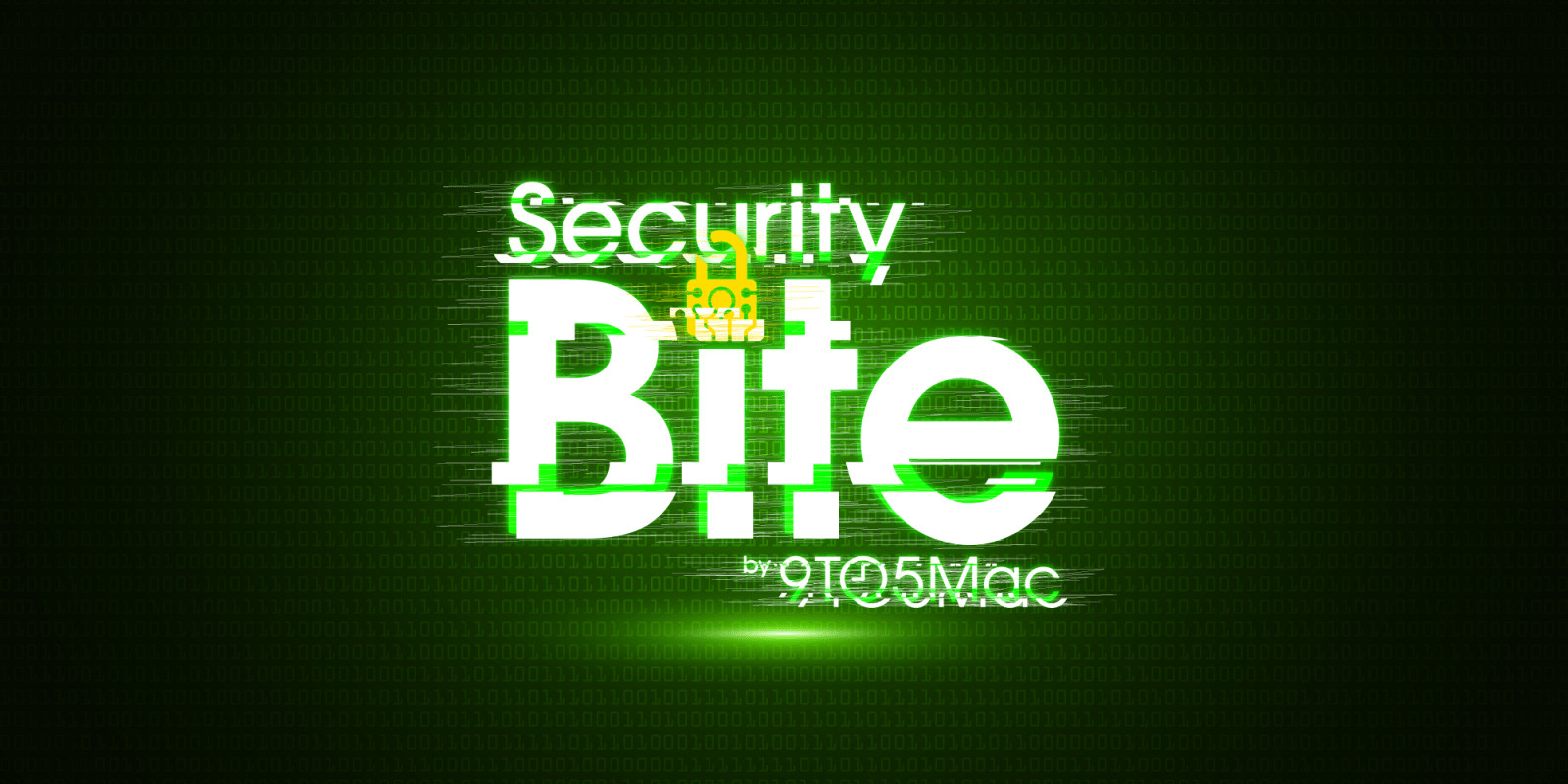 Security Bite Podcast WWDC26 security and privacy rundown big changes coming for users and admins - Dans Tutorials - Dans Tutorials Tech security graphic: the title 'Security Bite' with a small crown above, in glitchy white typography on a green binary background (by 9to5Mac).