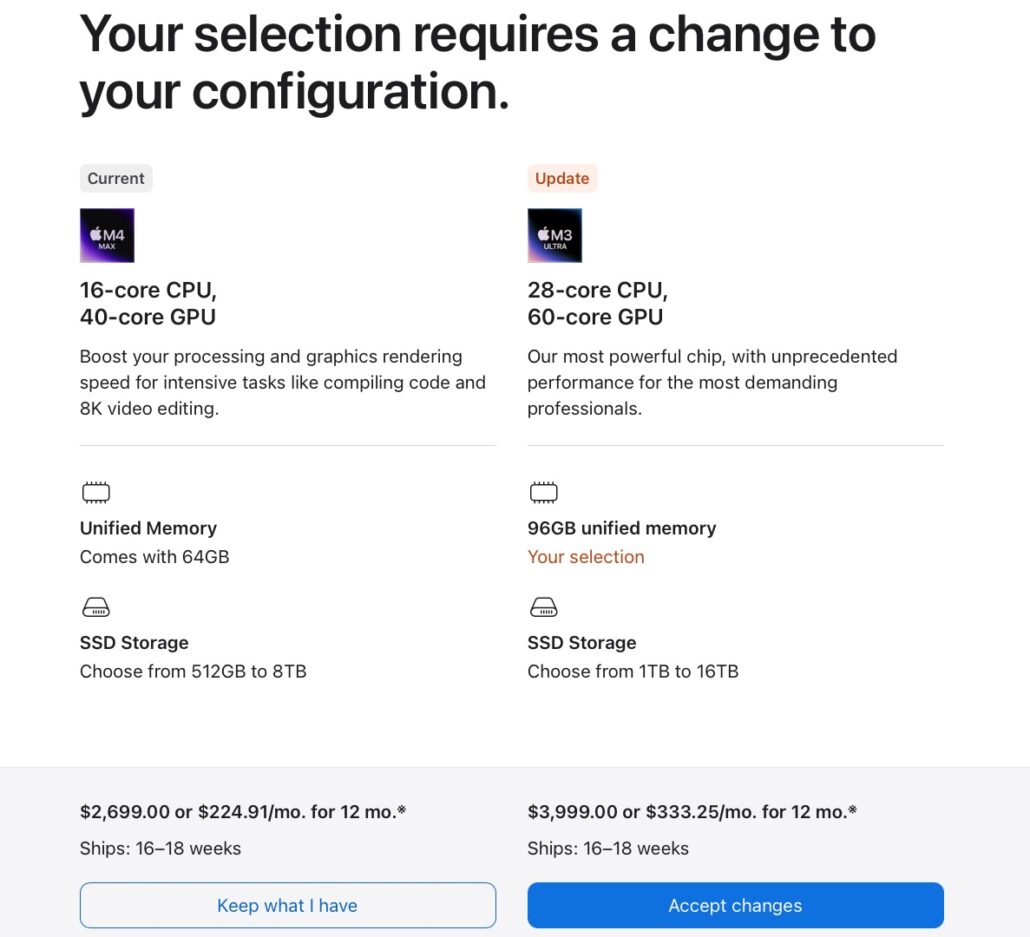Two-column comparison: Current configuration on the left (M4 Max) and Update to the right (M3 Ultra), with CPU/GPU specs and memory/SSD options.