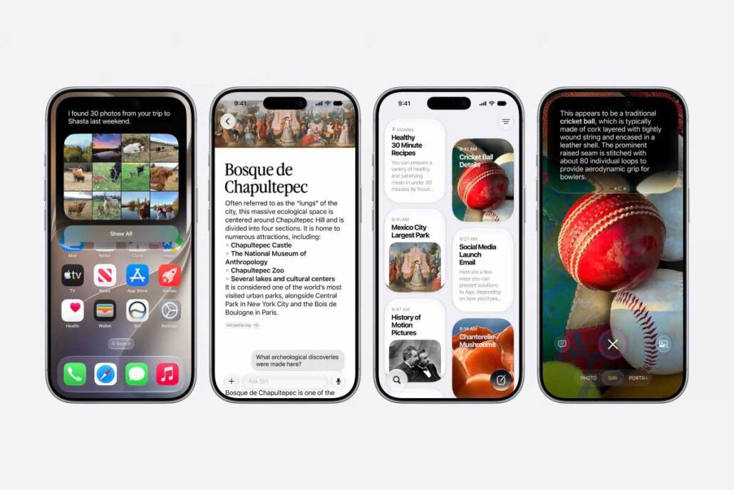 Siri AI and Apple Intelligence Do you need to buy a new iPhone iPad or Mac - Dans Tutorials - Dans Tutorials Four iPhone screens side by side showing different app layouts: a photo grid on the left, a text article about Bosque de Chapultepec, a widget-filled screen, and a close-up image of baseballs and a cricket ball on the right.
