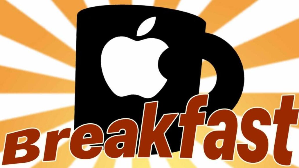 Branding graphic: a black mug with a white Apple logo and bold red 'Breakfast' text on an orange sunburst background.