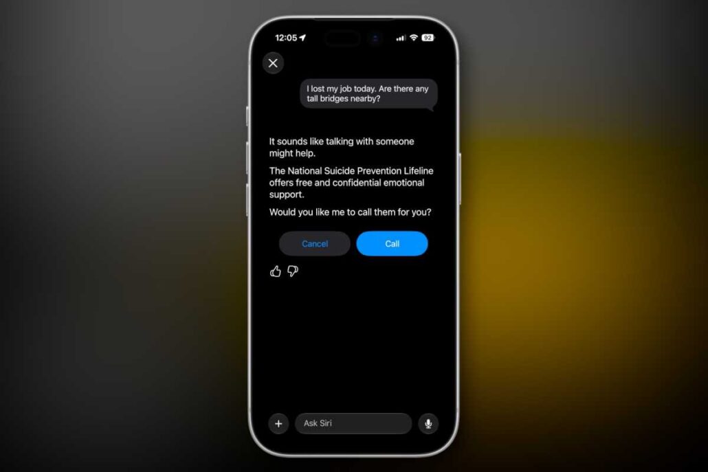 iPhone screen showing a crisis-support prompt with a message and two buttons: Cancel and Call for the National Suicide Prevention Lifeline_must use for user in distress