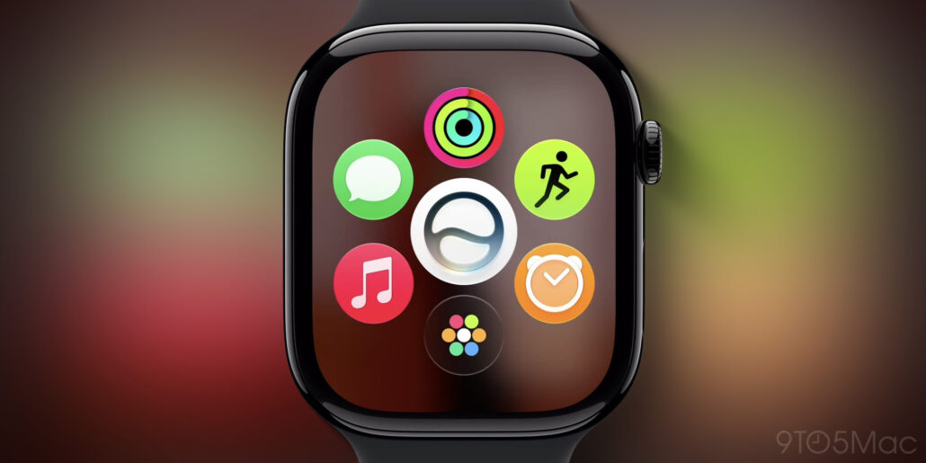 Apple Watch home screen with six colorful circular app icons on a glossy black bezel and blurred background.