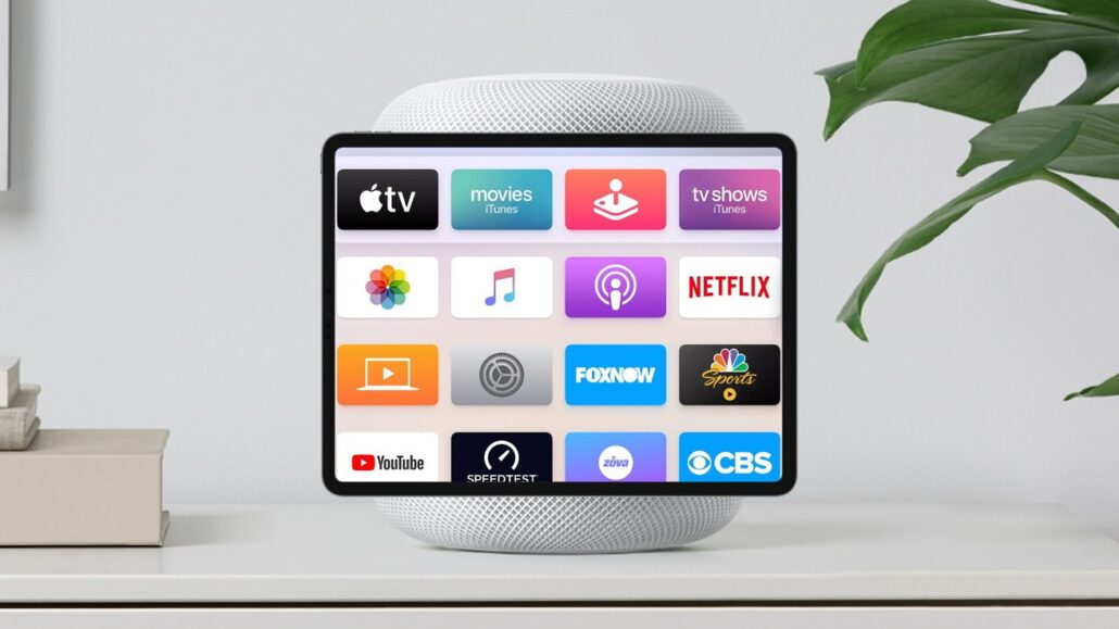 Slow-to-arrive Apple Intelligence upgrades delayed new product category launches - Dans Tutorials - Dans Tutorials Smart speaker with a touchscreen showing app icons like Netflix, YouTube, and Apple TV on the home screen for streaming.