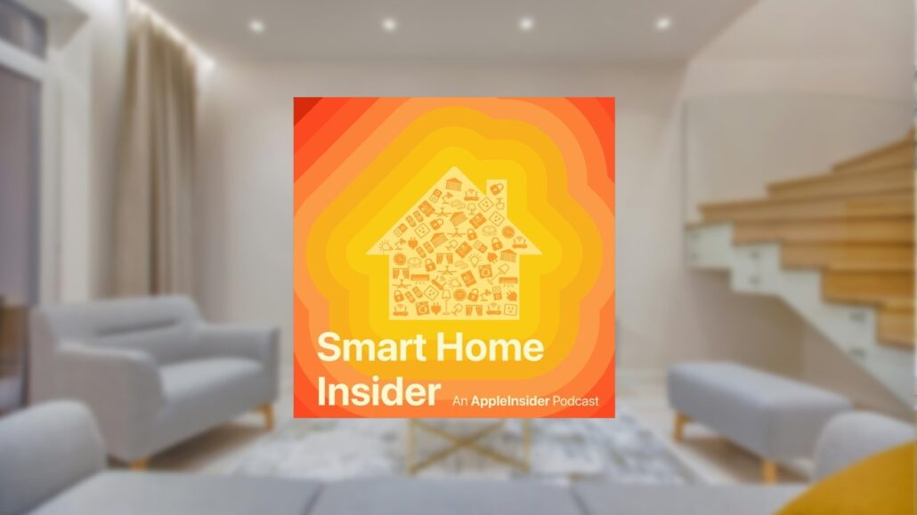 Poster reading 'Smart Home Insider' with a house icon; orange gradient background, in a modern living room setting.