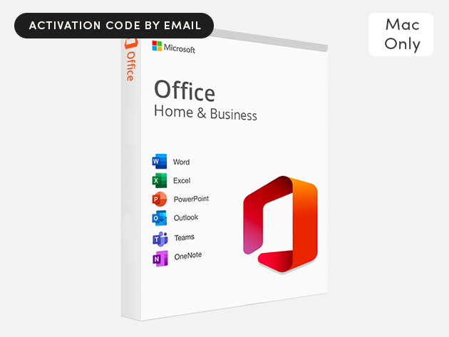 Microsoft Office Home & Business box with Word, Excel, PowerPoint icons and a Mac Only badge; activation code by email visible