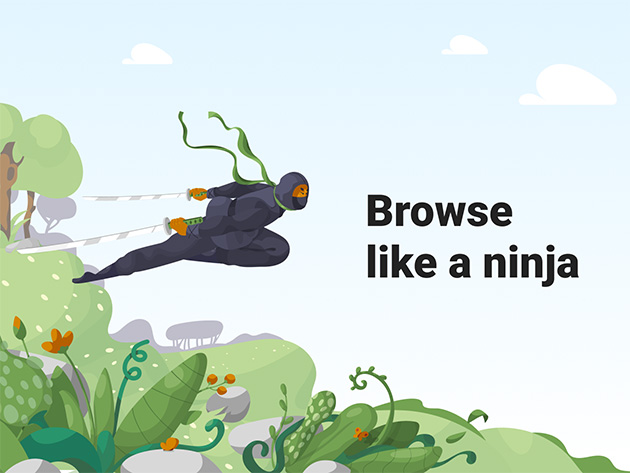 Cartoon ninja in a black outfit leaping with grappling lines over a green hillside; the text 'Browse like a ninja' appears on the right.