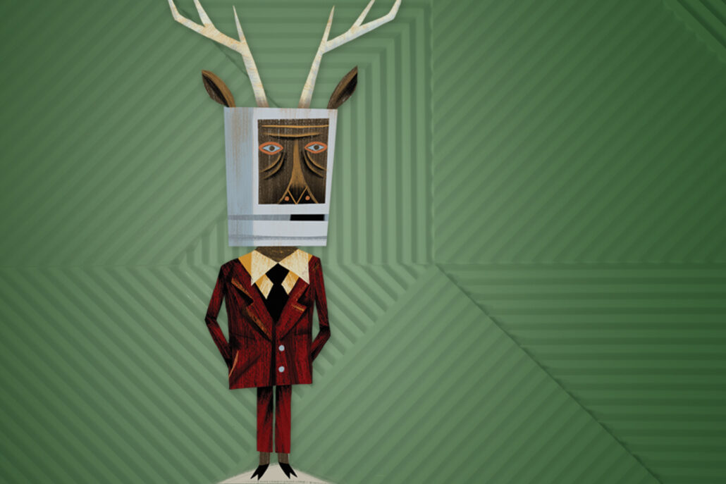 Stylized figure with a deer's head and antlers wearing a red suit against a green geometric backdrop.