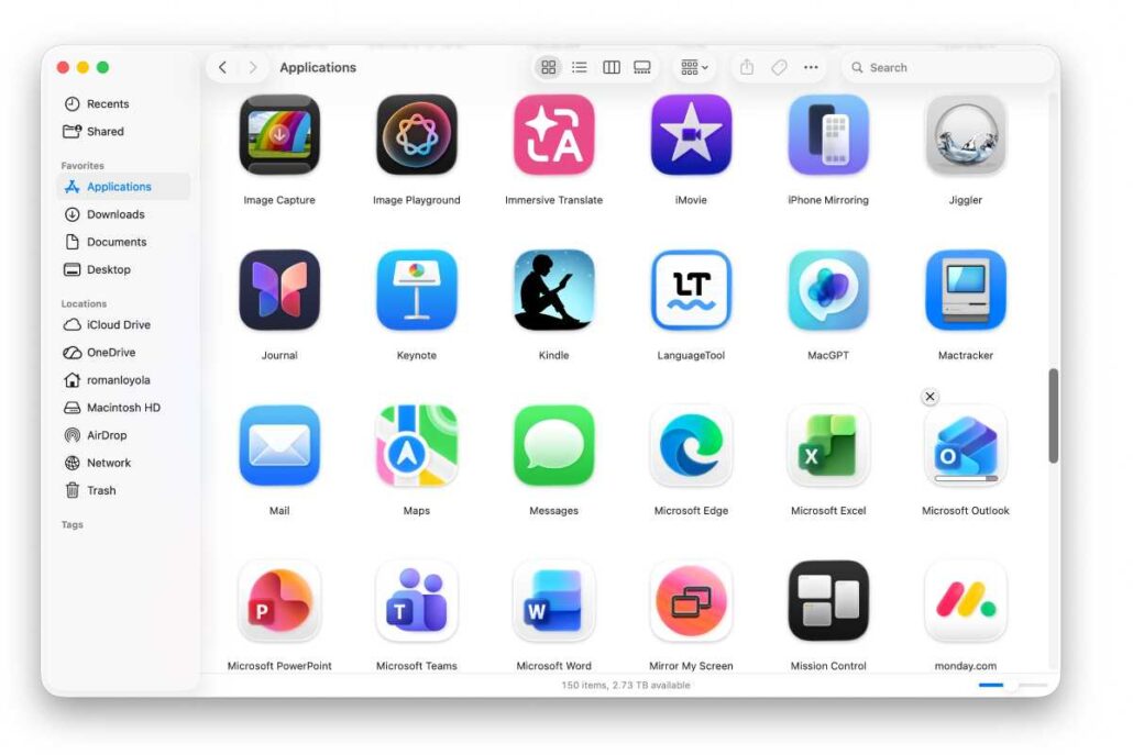 Screenshot of a macOS Finder window showing the Applications folder with app icons arranged in a grid and a sidebar on the left.