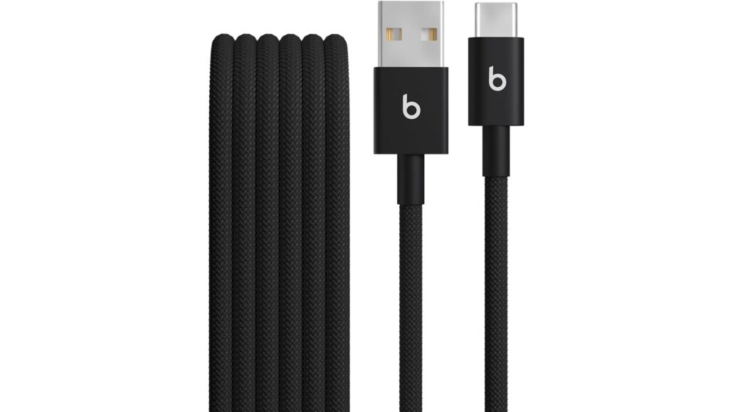 Braided black USB-A to USB-C charging cable with connectors visible (USB-A on left, USB-C on right).