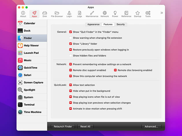 Screenshot of macOS Finder Preferences window with a left-hand app list and right panel, currently on the Appearance tab, showing toggle options for General, Network, and QuickLook settings.