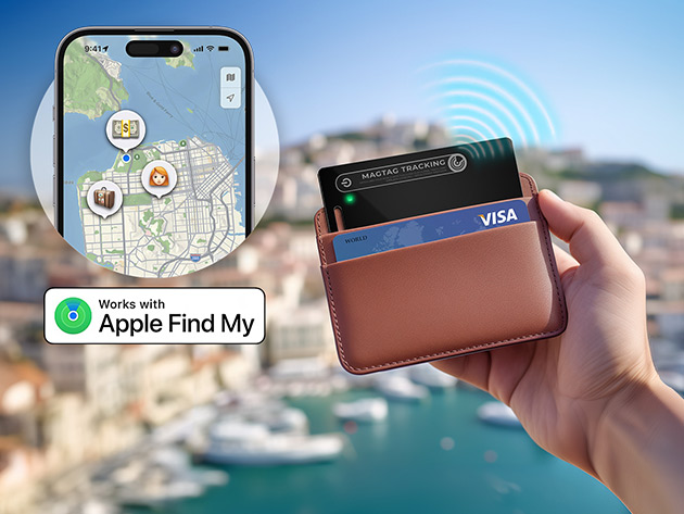 Hand holding a leather wallet with a Visa card inside, beside an iPhone showing a map with location pins and a 'Works with Apple Find My' badge.