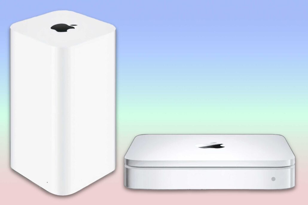 White Apple computer setup featuring a tall cylindrical tower on the left and a rounded white desktop on the right, against a pastel gradient background.