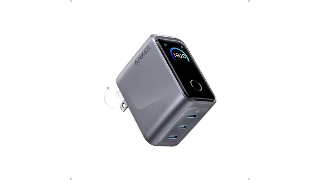 Angle view of a silver Anker power bank with a black digital display showing 160.0 W and USB-C ports along the side