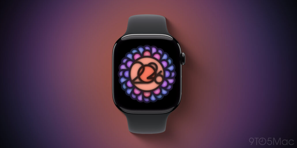 Apple Watch with a multicolored flower mandala watch face on a black screen against a dark gradient background