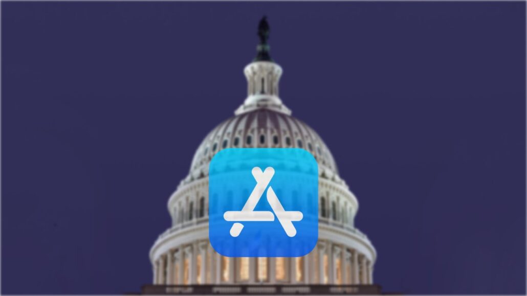 US legislation outlawing big tech from favoriting their own services resurrected - Dans Tutorials - Dans Tutorials Dome of the U.S. Capitol at night with a large blue App Store icon overlay in the foreground.