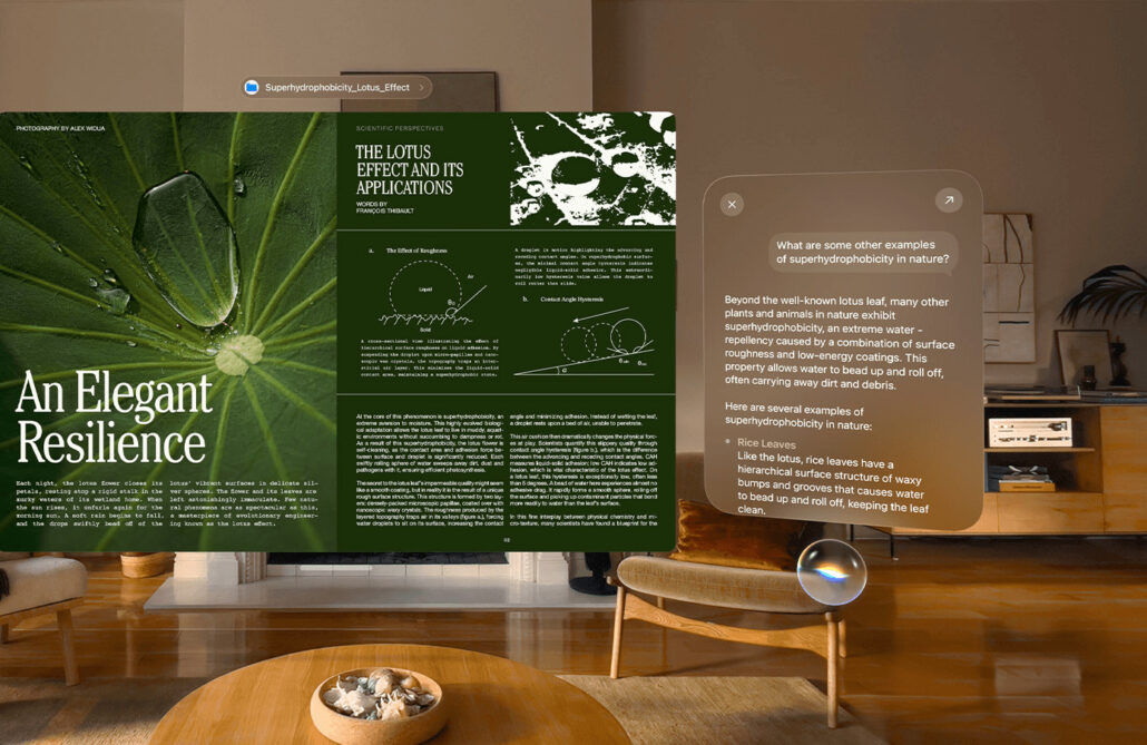 Living room with a wall display showing a magazine spread titled 'An Elegant Resilience,' featuring a close-up lotus leaf on the left and a dark green article panel on the right.