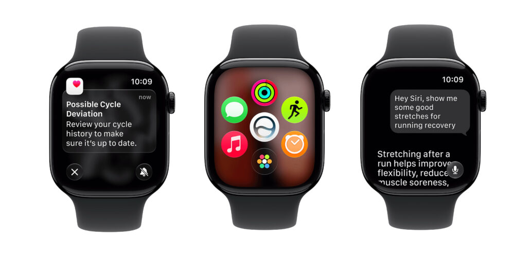 Three Apple Watches side by side: left shows a 'Possible Cycle Deviation' notification, middle shows app icons, right displays a message about stretches for running recovery.